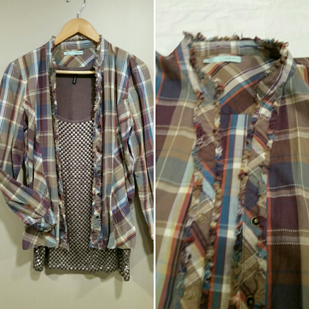 Maurices Plaid Button Down Fray Trim